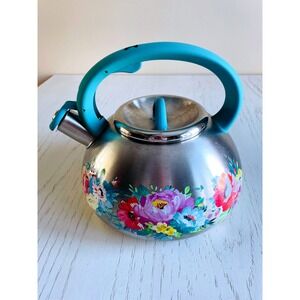 The Pioneer Woman Floral Tea Kettle Stainless Steel Turquoise Handle Whistle